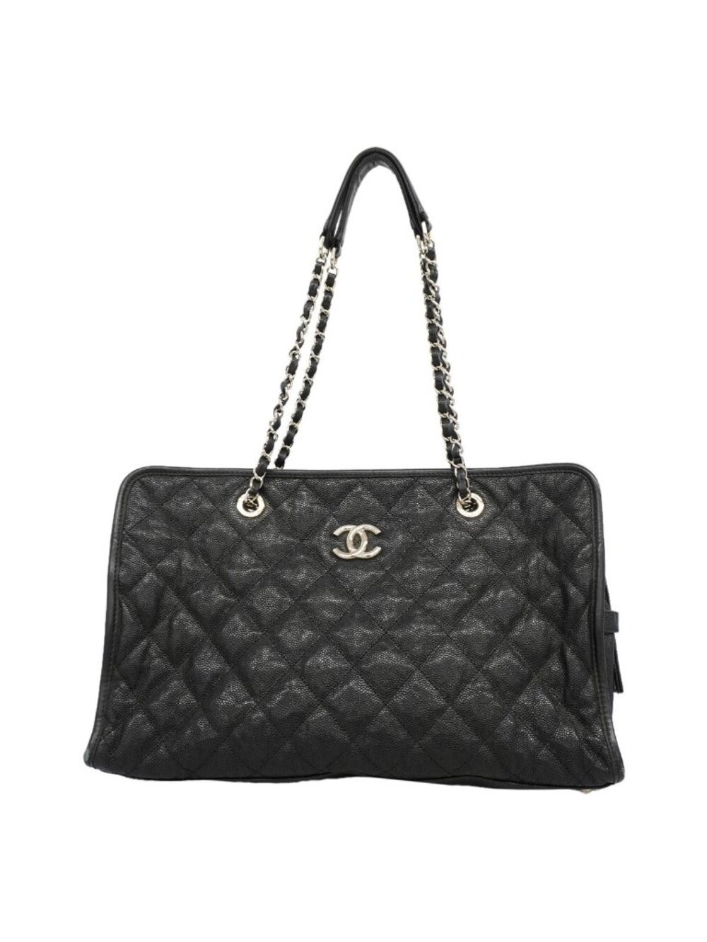 Chanel Shoulder Bag Quilted Caviar Leather Black Silver